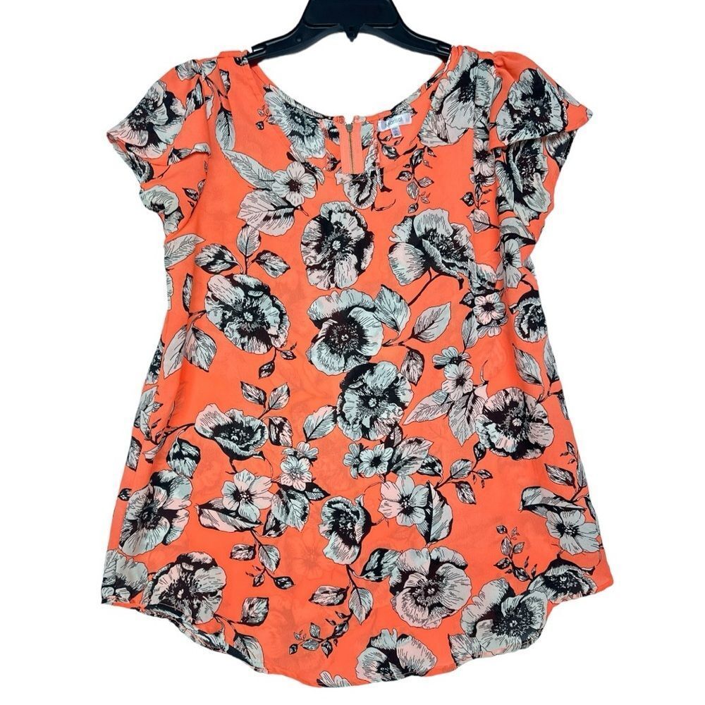 Marisol Orange Floral Sheer Blouse zip Back cap sleeve lightweight floral XL